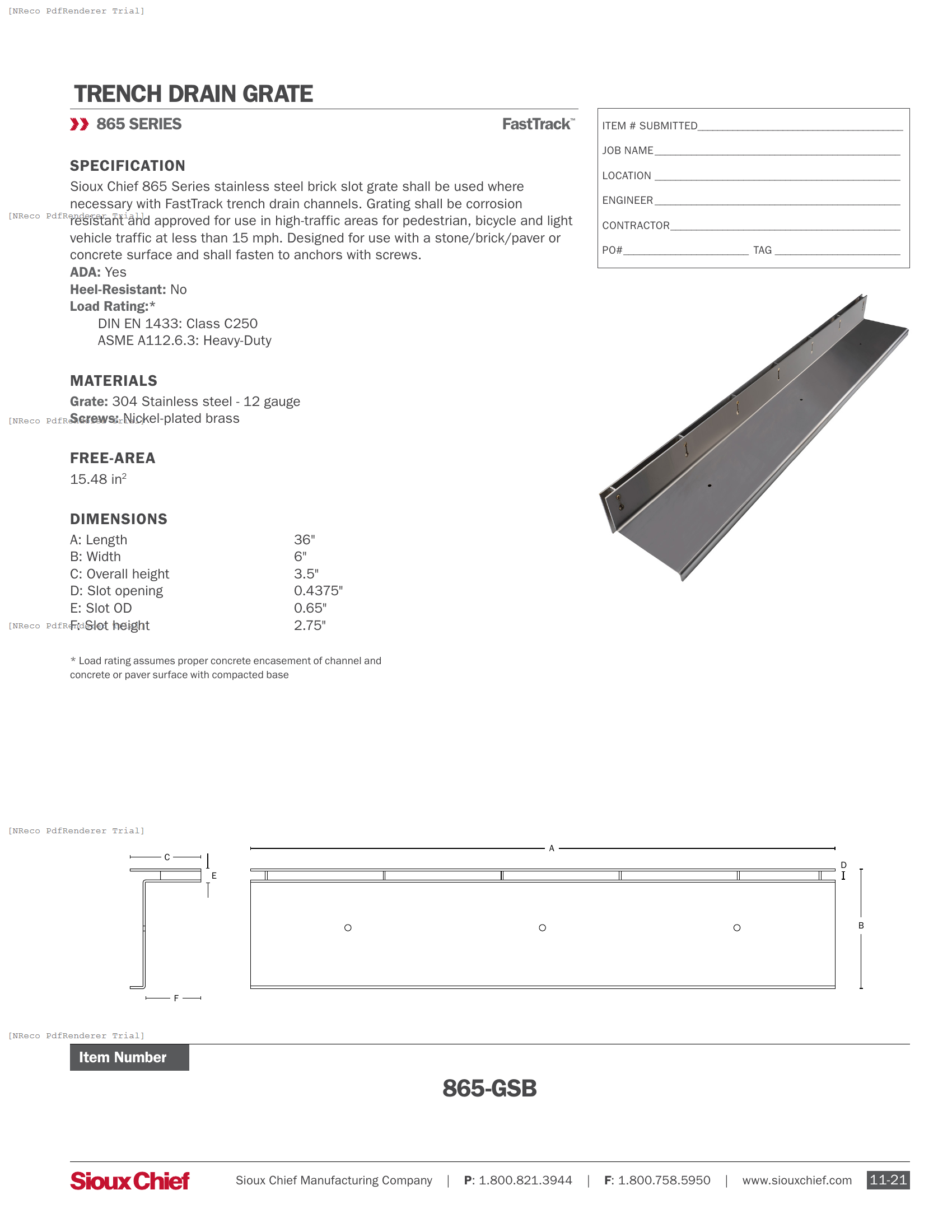 865-GSB - FASTTRACK STAINLESS BRICK SLOT GRATE - SPEC SHEET.PDF Specification Document